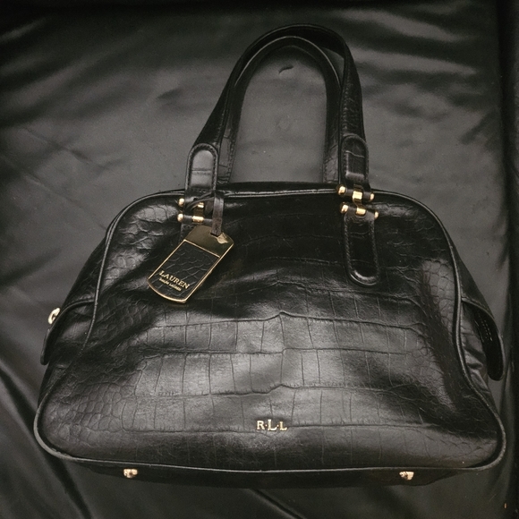 Ralph Lauren Black 100% Leather Croc Embossed Gold Hardware Satchel Tote - Picture 9 of 16